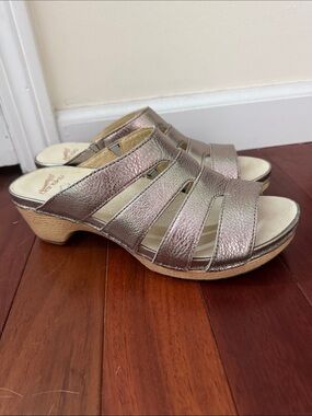 Metallic Taupe Strappy Slide Sandals - Women